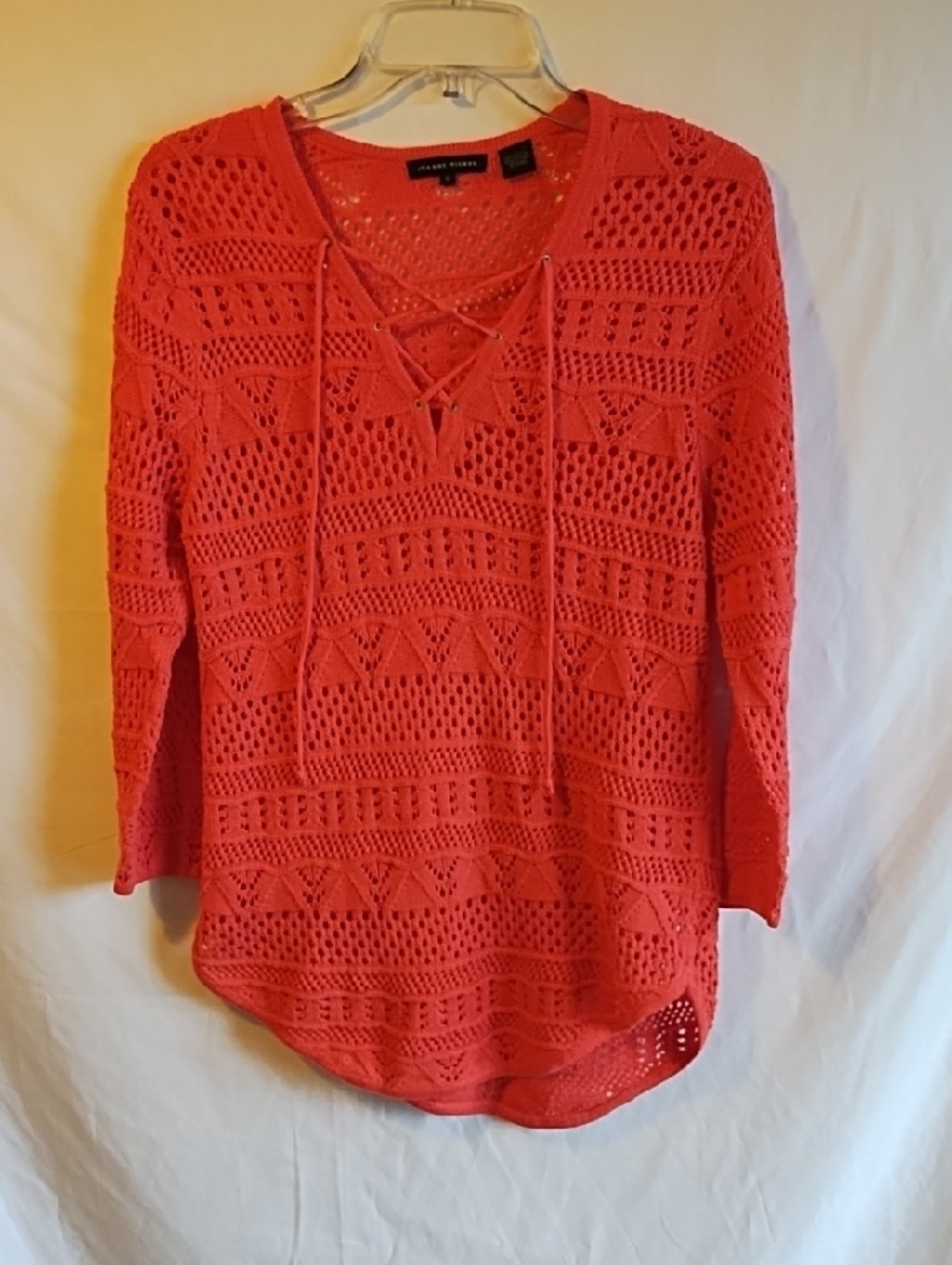 JEANNE PIERRE Coral Open-Knit Lace-Up Sweater